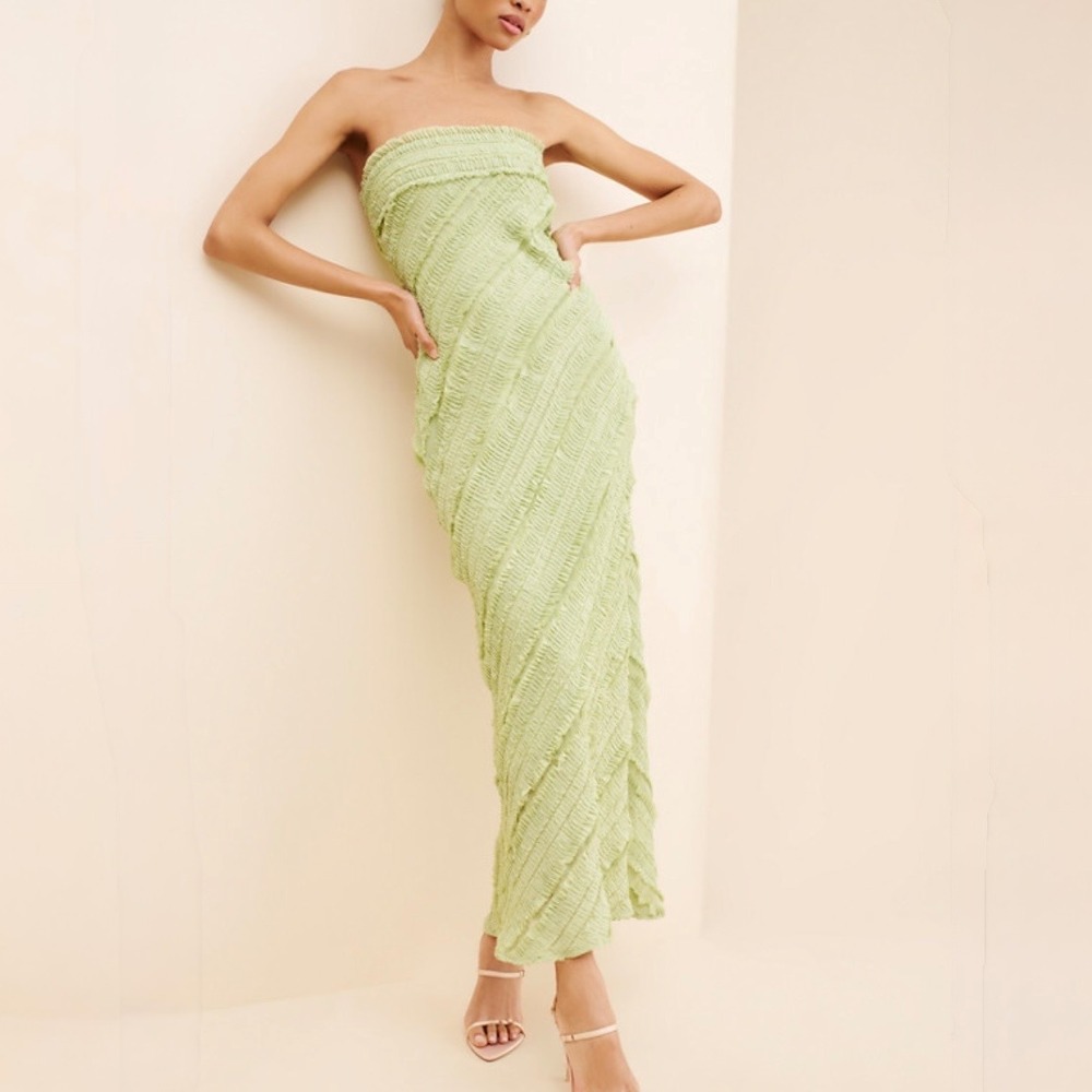 Endless Rose Strapless Ruffle Maxi Dress Sage Green Size S Coquette Pistachio